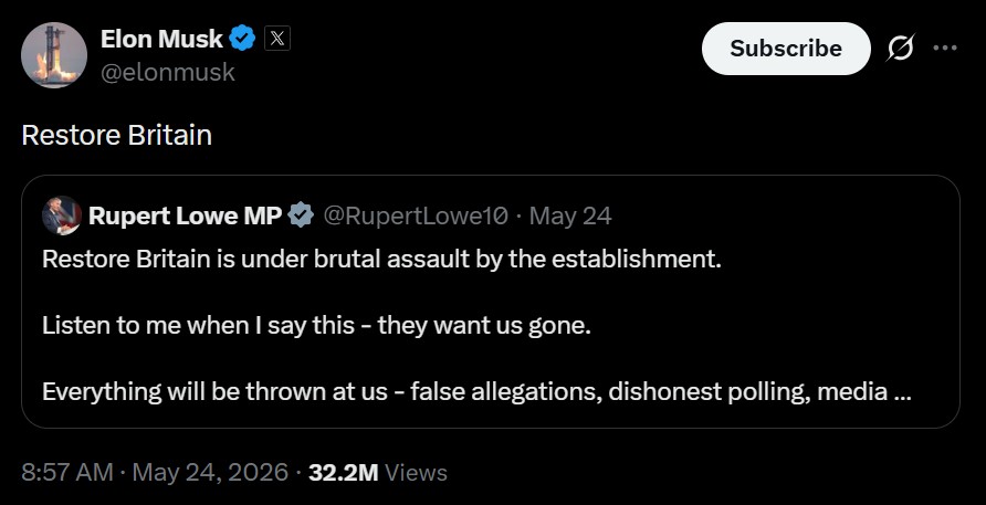 Elon Musk on X quote-tweeting Rupert Lowe: "Restore Britain"
